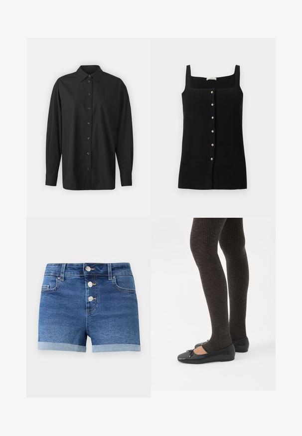 Top negro sin mangas con tirantes anchos y una fila frontal de seis botones redondos brillantes, mostrado sobre un fondo claro y liso.; GAP THE BIG SHIRT - Blusa - black; Pantalones cortos de mezclilla azul con tres botones metálicos, bajos doblados, presillas para cinturón y bolsillos delanteros sobre un fondo blanco liso.; Piernas con leggings oscuros acanalados combinados con bailarinas negras que presentan pequeños detalles de lazo sobre un fondo blanco.