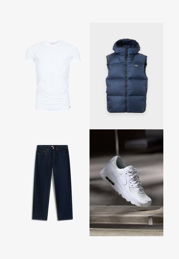 Gilet matelassé bleu marine avec capuche, fermeture éclair à l'avant et petit logo crocodile vert sur la poitrine sur fond blanc.; T-shirt blanc uni à manches courtes avec col rond, coupe standard et légère texture sur le tissu, présenté sur fond blanc.; Jean bleu foncé droit avec cinq poches, coutures apparentes et petit logo sur la poche avant droite et à la taille.; Sneaker Nike Air Max 90 blanche avec une tige en mesh et cuir, une boîte à orteils perforée et une unité air visible au talon.