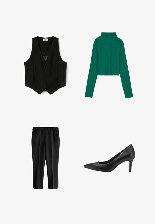 Zwarte vest met een op maat gemaakte ontwerping, voorzien van een V-hals, drie knoopsluitingen en een gladde binnenvoering, gemaakt van textuurstof.; Even&Odd Longsleeve - green; Zwarte cropped broeken met een losse pasvorm, elastische tailleband en twee voorkruiken. De stof heeft een gladde textuur met een licht glanzende afwerking.; Zwarte leren hoge hak met een spitse neus, voorzien van een uitsnijdingen ontwerp en een slanke stiletto hak. Glad textuur en een elegante silhouet.