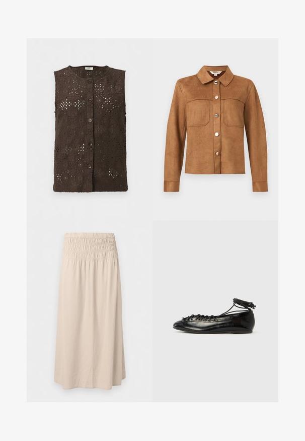 Gilet sans manches en dentelle brun foncé avec encolure ronde et fermeture boutonnée devant, présentant des motifs découpés floraux et géométriques complexes.; Veste en daim marron à boutons avec col, deux poches poitrine et manches longues, présentée sur un fond gris clair uni.; Jupe beige longueur genou avec taille élastique froncée et tissu droit légèrement fluide.; Ballerines en cuir verni noir avec un bout rond, un design à lacets et une semelle plate. Texture lisse avec peu de détails.