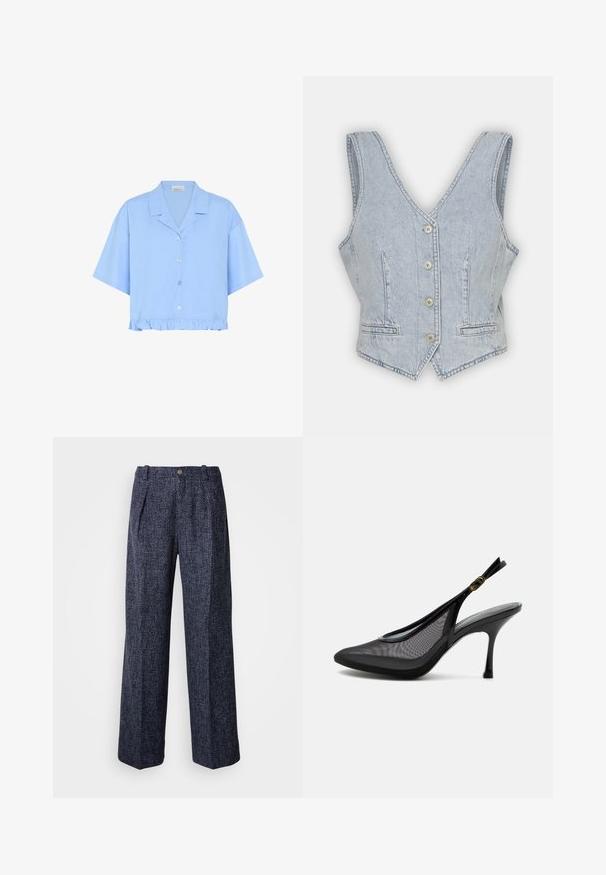 Chaleco de mezclilla en azul claro. Presenta un escote en V profundo, parte delantera con cinco botones, dos bolsillos laterales y costuras estructuradas para un ajuste entallado.; Camisa corta de color azul claro hecha de algodón; cuenta con mangas cortas, collar, botones en la parte delantera y un dobladillo con volantes en la parte inferior.; Pantalones en azul marino con un tejido texturizado, cintura alta, corte de pierna ancha y pinzas frontales. Presentan un cierre de botón y cremallera.; Zapato de tacón alto tipo slingback puntiagudo negro con paneles de malla y hebilla dorada en la correa del tobillo, mostrado sobre un fondo blanco.