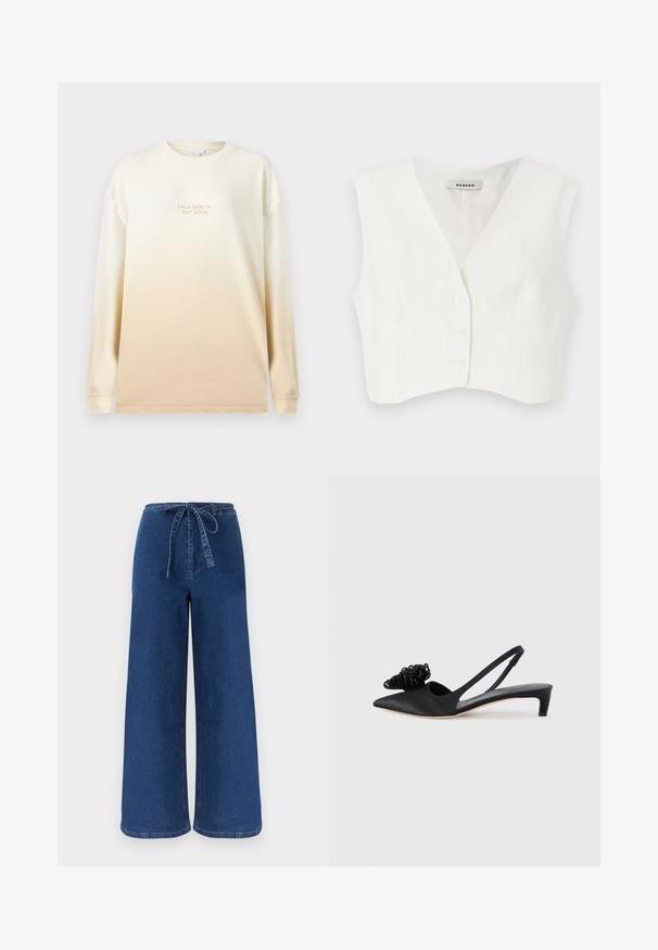 Hvid cropped top med v-udskæring, to frontlommer, fem knapper og lodrette teksturerede striber. Fremstillet af et glat, letstof.; Langærmet, cremefarvet skjorte med en gradient, der falder over i en mørkere beige. Har en rund halsudskæring og prægede bogstaver "LALA BERLIN EST 2004."; Bredbenede blå denimbukser med høj talje og et stofbælte bundet i en sløjfe foran.; Sort satin slingback-sko med spids tå, der har en dekorativ tekstureret blomstermotiveret detalje og en lav, kittenhæl.
