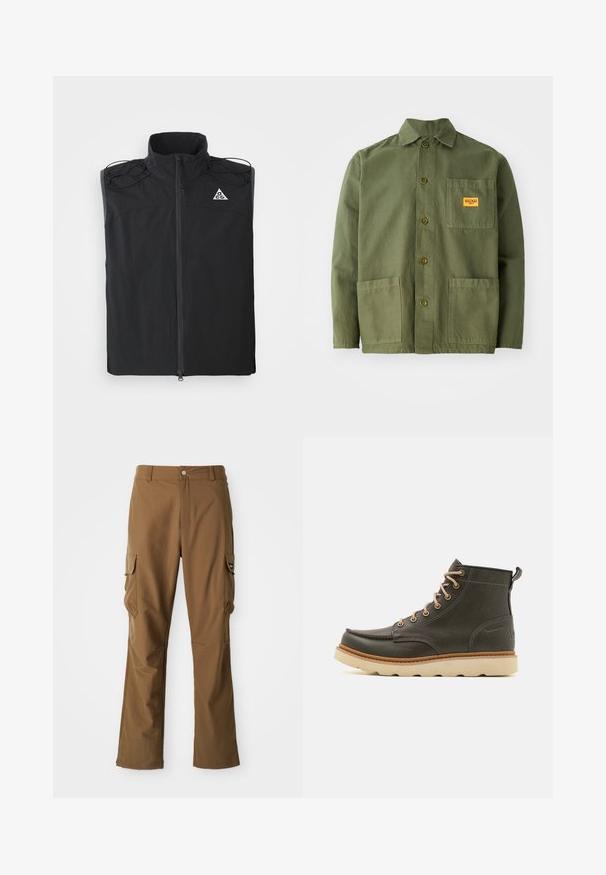 Schwarze ärmellose Weste aus leichtem Stoff. Verfügt über einen hohen Kragen, einen Reißverschluss vorne und Kordelzüge an den Schultern.; Olivgrüne Jacke aus schwerem Baumwollmaterial, mit spitzem Kragen, Knöpfen auf der Vorderseite und zwei großen aufgesetzten Taschen. Mit einem kleinen Logo-Patch versehen.; Braune Cargo-Hose mit geradem Schnitt, ausgestattet mit zwei seitlichen Taschen und einem Reißverschluss. Hergestellt aus strukturiertem Stoff mit glatter Oberfläche.; Dunkelgrüne Lederknöchelstiefel mit beigen Schnürsenkeln, gepolsterter Schuhkragen und strukturiertem Gummisohle. Verfügt über wasserdichte Markierungen und Nähdetails.