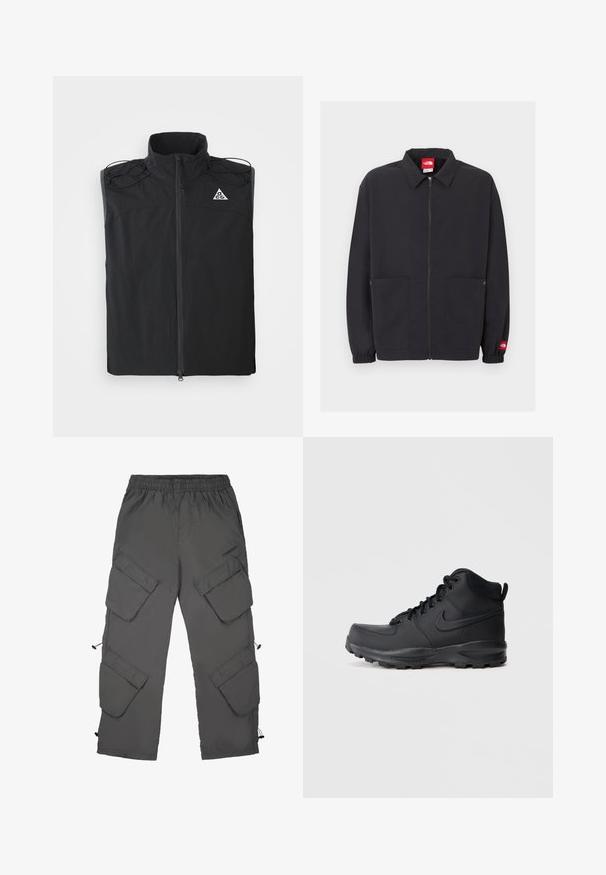Schwarze ärmellose Weste aus leichtem Stoff. Verfügt über einen hohen Kragen, einen Reißverschluss vorne und Kordelzüge an den Schultern.; Schwarze Reißverschlussjacke mit Kragen, zwei Fronttaschen, elastischen Bündchen und kleinem roten Logotag am linken Ärmel.; Cargo-Hosen aus dunkelgrauem Stoff mit elastischem Bund, mehreren Cargotaschen, Zugbändern an den Säumen und einer glatten Textur.; Schwarze High-Top-Sneaker mit einem glatten synthetischen Obermaterial, runder Zehenpartie, gepolstertem Schaft und strukturiertem Gummisohle. Verfügt über ein Schnürdesign und ein Logo-Element.