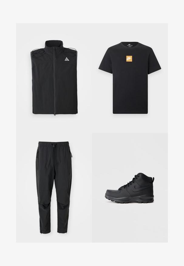 Chaleco sin mangas negro hecho de tela ligera. Presenta un cuello alto, cremallera frontal y detalles con cordón en los hombros.; Camiseta negra de manga corta Nike con un pequeño logo cuadrado naranja y el símbolo blanco de Nike centrado en el pecho.; Pantalones ligeros negros con cintura elástica, cordón ajustable, bolsillos laterales con cremallera, rodilleras articuladas y cremalleras en los tobillos.; Zapatilla alta negra con un upper sintético suave, puntera redonda, cuello acolchado y suela de goma texturizada. Presenta un diseño de cordones y acento de logo.
