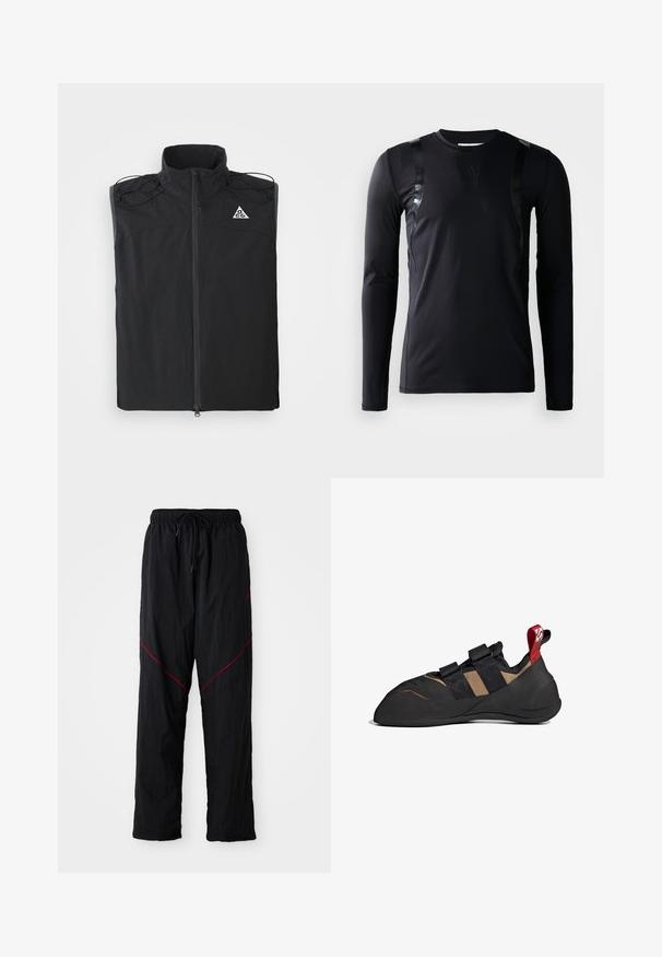 Débardeur noir sans manches en tissu léger. Il présente un col haut, une fermeture éclair à l'avant et des accents avec cordons au niveau des épaules.; T-shirt de sport à manches longues noir en tissu lisse et extensible. Présente des accents noirs brillants sur les épaules et un logo Adidas sur la poitrine.; Pantalons de sport noirs avec une finition texturée, dotés d'une taille à cordon, de lignes d'accent rouge et d'une coupe ample.; Chausson d'escalade avec une tige synthétique noire et marron, dotée de deux bandes Velcro, d'une semelle en caoutchouc et d'une languette rouge au talon.