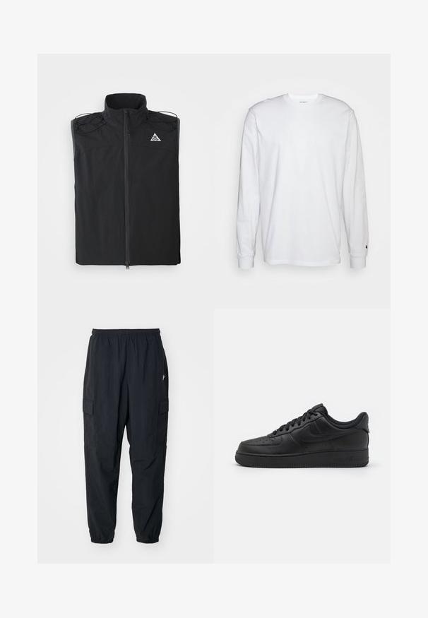 Débardeur noir sans manches en tissu léger. Il présente un col haut, une fermeture éclair à l'avant et des accents avec cordons au niveau des épaules.; T-shirt blanc à manches longues en coton. Design à col rond avec des poignets côtelés et un petit logo sur la manche gauche. Texture lisse.; Pantalons cargo noirs en matériau léger, avec une taille élastique, des poches latérales et une coupe décontractée avec des poignets élastiques.; Nike Sportswear AIR FORCE 1 07 FLYEASE - Baskets basses - black