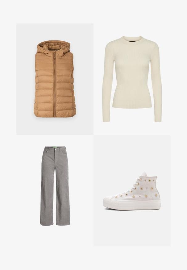 Tan puffer vest med hætte, med en frontlynlås og syede horisontale paneler, fremstillet af letvægts, quiltet materiale.; Ribbet langærmet top i off-white, med rund halsudskæring og tætsiddende design, lavet af et blødt strikstof med subtil tekstur.; Grå fløjl bredbenede bukser med knaplukning og bæltestropper. Har to sidelommer og et blødt, tekstureret stof.; Hvid højtop-sneaker med platformsål, guldøjehuller og dekorative guldknotter på lærredsupperdelen, sidevisning på lys baggrund.