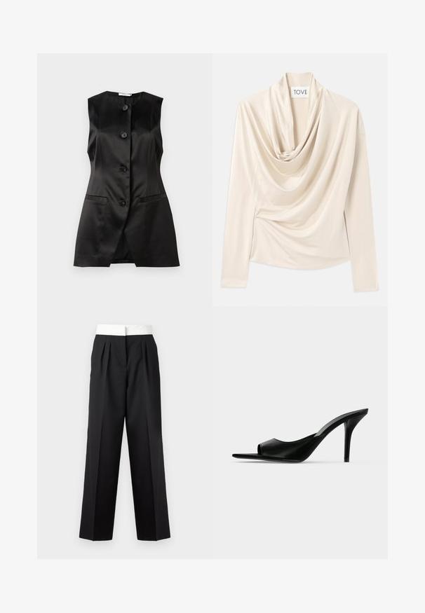 Ærmeløs sort satin vest med fire frontknapper og to vandrette lommeskår, skræddersyet pasform med let udflaring i kanten.; Beige top med lange ærmer, draperet design og blød, glat tekstur. Sikkerhed i taljen med diskret samling.; Sorte plisserede bukser med en bred hvid talje, der har en lige pasform og en glat tekstur for et struktureret udseende.; Sort læder åben tå højhælet mule med en slank stilet hæl, vist i sideprofil på en ensfarvet baggrund.