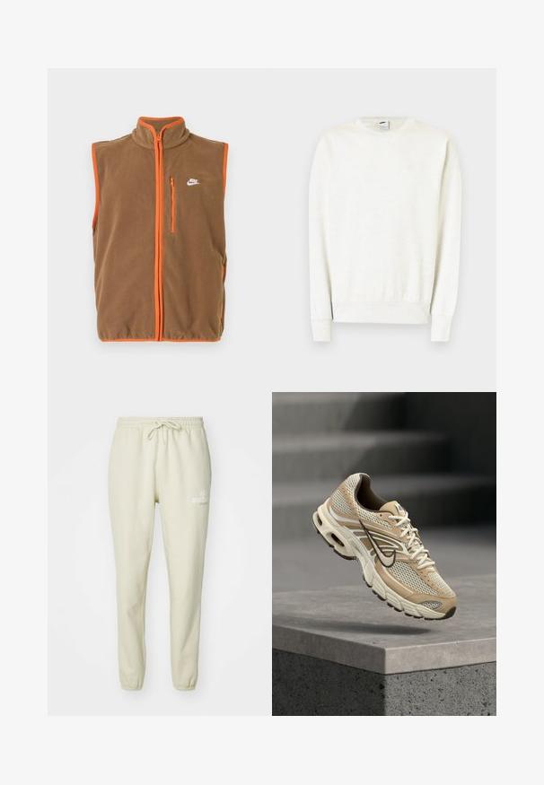Fleece vest in bruin met oranje bies en rits. Voorzien van een hoge kraag en een klein wit logo op de linkerborst.; Witte sweatshirt met lange mouwen en een ronde hals, voorzien van geribbelde boorden aan de mouwen en zoom, met een subtiel Nike-logo op de borst.; Lichtbeige sweatpants gemaakt van zachte stof, met een elastische tailleband en trekkoord, gebreide enkels en een klein bedrukt logootje.; Beige en witte Nike hardloopschoen met mesh panelen en zwarte Swoosh, zwevend boven een betonnen richel met wazige trappen op de achtergrond.
