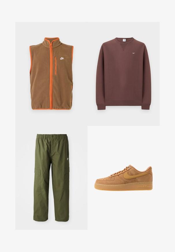 Hnedý fleece vest s oranžovým lemovaním a zipsom. Má vysoký golier a malé biele logo na ľavom hrudníku.; Hnedá bavlnená mikina s okrúhlym výstrihom, rebrovanými manžetami a malým bielym logom na ľavej hornej strane hrude.; Nike cargo nohavice v tmavej olivovej farbe, ktoré majú elastický pás, dve bočné vrecká a hladkú, ľahkú tkaninu.; Nike Sportswear AIR FORCE 1 07 - Tenisky - flax/wheat/light brown/black/team gold