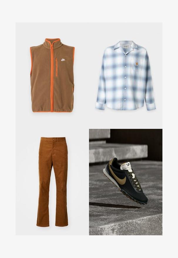 Hnedý fleece vest s oranžovým lemovaním a zipsom. Má vysoký golier a malé biele logo na ľavom hrudníku.; Svetlomodrá a biela kockovaná košeľa s dlhým rukávom, zapínaním na gombíky, špicatým golierom a predným vreckom na hrudi s nášivkou Carhartt.; Hnedé kordové rozšírené nohavice s plochým predným dielom, jedným gombíkom na zapínanie a bočnými vreckami. Textúra je ryhovaná, čo poskytuje mäkký a odolný pocit.; Čierno-zlatá bežecká obuv Nike s textúrovaným zvrškom a vzorovanými šnúrkami vznášajúca sa nad drsným betónovým povrchom a schodmi.