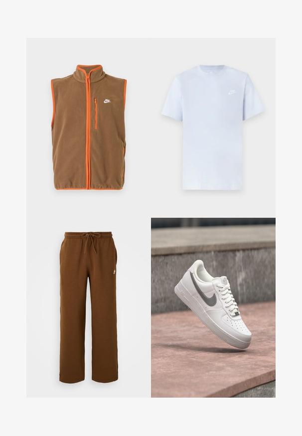 Hnedý fleece vest s oranžovým lemovaním a zipsom. Má vysoký golier a malé biele logo na ľavom hrudníku.; Svetlomodré bavlnené tričko s krátkymi rukávmi, okrúhlym výstrihom a bielym logom Nike potlačeným na ľavej hrudi. Hladká textúra, jednoduchý dizajn.; Hnedé tepláky vyrobené z mäkkého materiálu, s elastickým pásom na šnúrku, bočnými vreckami a bielym logom na ľavej strane.; Biela teniska Nike Air Force 1 so sivým logom swoosh, ktorá visí nad kamenným povrchom a sivou kamennou stenou v pozadí.