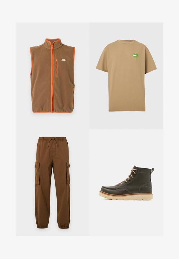 Fleecevest i brun med orange kant og lynlås. Har en høj krave og et lille hvidt logo på venstre bryst.; Beige T-shirt med korte ærmer og et lille grønt og hvidt rundt logo på venstre bryst med en swoosh og tekst.; Brune cargo bukser lavet af letvægtsstof, med elastisk talje med snor, sidelommer og taperede manchetter.; Mørkegrønne læder ankelstøvler med beige snørebånd, polstret krave og tekstureret gummisål. Har vandtætte markeringer og syninger.