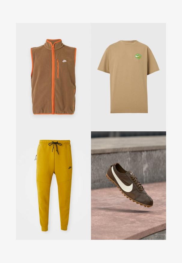 Fleecevest i brun med orange kant og lynlås. Har en høj krave og et lille hvidt logo på venstre bryst.; Beige T-shirt med korte ærmer og et lille grønt og hvidt rundt logo på venstre bryst med en swoosh og tekst.; Sennepsgule Nike joggebukser med sort snor, lynlåslomme i siden, ribstrikkede manchetter og Nike-logo på venstre lår.; Brun Nike løbesko med hvid Swoosh-logo og gumisål svæver over en lyserød stensurface med grå stenbaggrund.