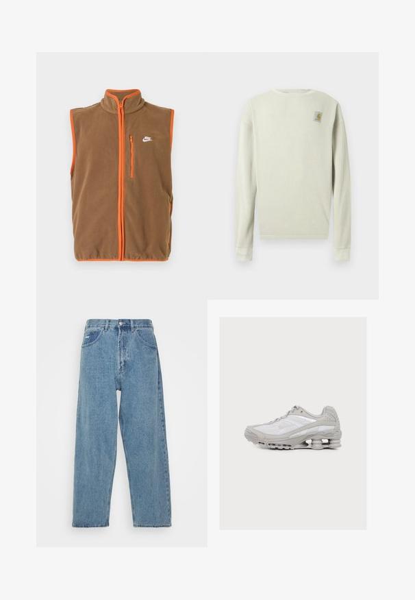 Fleecevest i brun med orange kant og lynlås. Har en høj krave og et lille hvidt logo på venstre bryst.; Lysen grøn langærmet sweater med et struktureret ribbet mønster. Har en rund halsudskæring og et lille logo patch på øverste venstre bryst.; Lyseblå denim jeans med høj talje og afslappet pasform, der har to forlommer, en baglomme og knaplukning.; Lysegrå og hvid atletiksko med synlig fjederlignende støddæmpning i sålen og meshstof på overdelen.