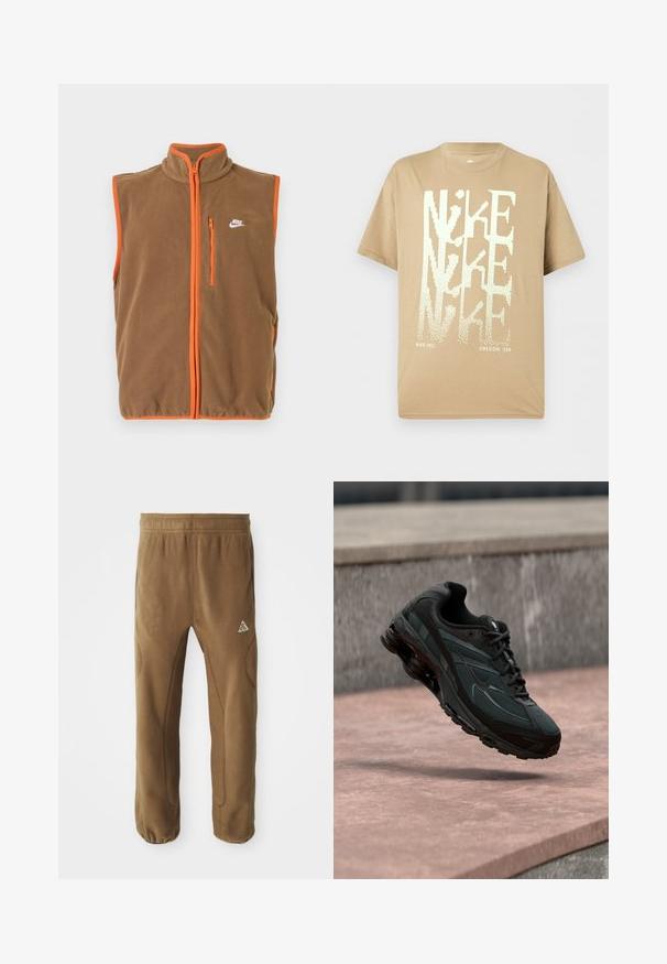 Fleece-Weste in Braun mit orangefarbenen Akzenten und Reißverschluss. Hat einen hohen Kragen und ein kleines weißes Logo auf der linken Brust.; Beige kurzärmeliges Nike T-Shirt mit überlappendem großem weißen "NIKE"-Schriftzug und kleinem "NIKE INC." sowie "OREGON, USA" unten.; Braune Fleece-Hosen mit lockerer Passform, ausgestattet mit schmal zulaufendem Bein, elastischem Bund und dezenten Steppdetails. Logo an der linken Oberschenkelvorderseite.; Schwarzer athletischer Sneaker mit sichtbarer Air-Cushioning-Zwischensohle, der über einer rosa Steinoberfläche mit grauer Steinmauer im Hintergrund schwebt.