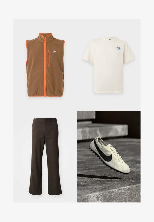 Chaleco de forro polar en marrón con ribetes y cremallera en naranja. Cuenta con un cuello alto y un pequeño logo blanco en el lado izquierdo del pecho.; Camiseta de manga corta color blanco hueso con cuello redondo y pequeño logotipo de The North Face en negro y azul en el pecho izquierdo.; Pantalones marrones acampanados con una textura suave, que cuentan con un cierre delantero con botón y bolsillos laterales. Diseño sencillo y recto.; Zapatilla blanca Nike con logo Swoosh negro, cordones y suela de goma con tracción, mostrada en el aire sobre unas escaleras de hormigón.