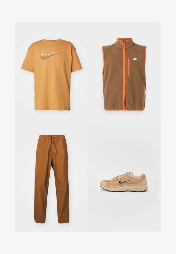 Chaleco de forro polar en marrón con ribetes y cremallera en naranja. Cuenta con un cuello alto y un pequeño logo blanco en el lado izquierdo del pecho.; Nike Sportswear TEE - Camiseta estampada - flax; Pantalones marrones, ligeros, con cordón y cinturilla elástica, que cuentan con dos bolsillos laterales y una textura suave.; Zapatilla deportiva beige con materiales de malla y ante, silueta curva, suela negra, prominente logo plateado de Nike en el lateral y acentos texturizados.