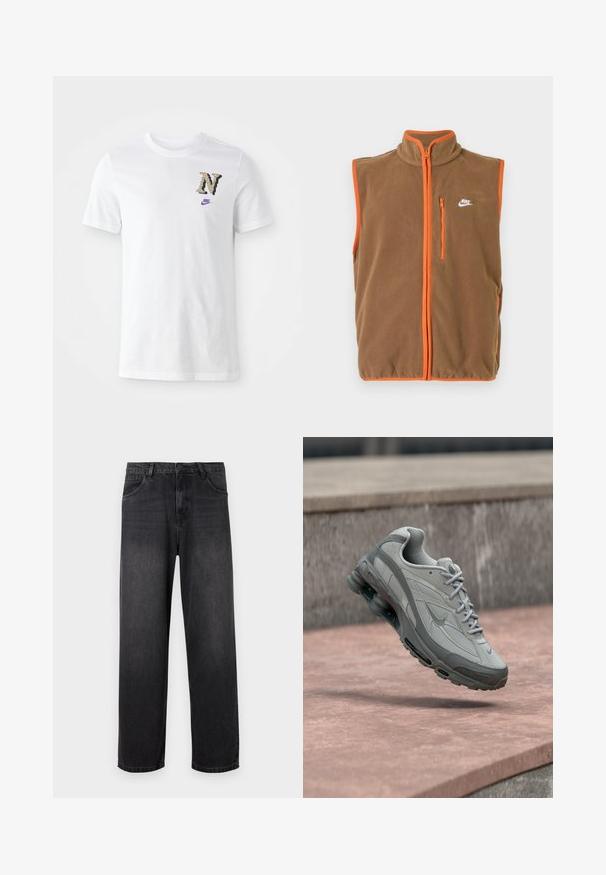 Fleece vest in bruin met oranje bies en rits. Voorzien van een hoge kraag en een klein wit logo op de linkerborst.; Witte katoenen t-shirt met een camouflagedessineerde "N" logo en een klein paars Nike swoosh op de borst. Klassiek ontwerp met een ronde hals.; Donkergrijze denim jeans met een rechte pijpdesign, voorzien van een ritssluiting, vijf zakken en subtiele vervagingdetails op de stof.; Grijze en witte Nike-sneaker zwevend boven een stenen trede met zichtbare luchtvering en een gestructureerde zool.