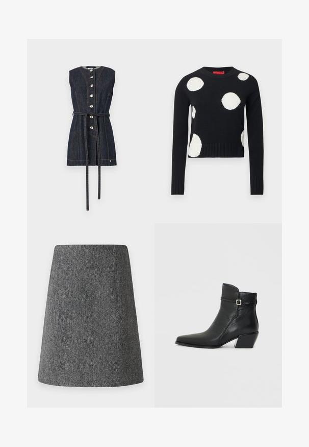 Robe sans manches en denim foncé avec fermeture à boutons sur le devant, coutures orange, ceinture à nouer à la taille et encolure ronde.; Pull noir à encolure ronde et manches longues, orné de grands pois blancs. Poignets et ourlet côtelés avec une texture en maille douce.; Jupe en chevrons gris avec une forme évasée en A, fabriquée à partir d'un tissu texturé. Présente une taille épurée sans quincaillerie ni accents visibles.; Bottines en cuir noir avec un bout pointu, un petit talon carré et une sangle décorative avec une boucle en argent. Texture lisse.