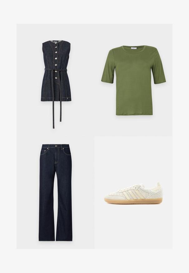 Mouwloze donkere spijkerjurk met knoopsluiting aan de voorkant, oranje stiksels, een taille-strikceintuur en een ronde hals.; Olivengroene T-shirt met korte mouwen, gemaakt van gladde stof, met een ronde halslijn en een rechte snit zonder zichtbare patronen of accenten.; Donkerblauwe denim jeans met een recht model, voorzien van vijf zakken, contrasterende gele stiksels en een metalen knoopsluiting.; Witte lage sneaker met gestructureerde geweven stof, beige leren strepen en een buitenzool van gums rubber, weergegeven vanuit de buitenzijde op een effen achtergrond.