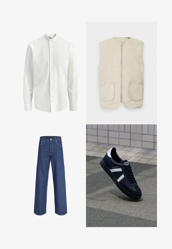 Veste sans manches en polaire couleur crème avec une fermeture éclair à l'avant, un col rond et deux poches avant. Le tissu a une surface douce et texturée.; Chemise blanche à manches longues avec col mao et fermeture à boutons sur le devant, présentant un tissu lisse et uni ainsi que des poignets étroits.; Jean en denim bleu à jambes larges avec fermeture à bouton et à glissière, passants de ceinture et poches avant, présenté sur fond blanc.; Sneaker en cuir noir avec des rayures blanches, semelle en caoutchouc texturée et devant à lacets. Présente une étiquette de marque sur la languette.