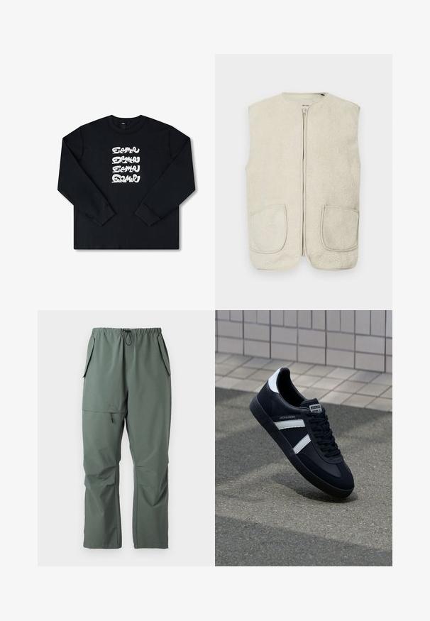 Flødefarvet fleecevest med lynlåslukning foran, rund halsudskæring og to forlommer. Stoffet har en blød, tekstureret overflade.; Sort sweatshirt med lange ærmer, der har et hvidt gentaget grafisk logo i stiliseret skrifttype på forsiden. Fremstillet af blødt stof.; Grønne, letvægtsbukser med elastisk talje, snor og flere lommer. Glat tekstur med en afslappet, løs pasform.; Sort lædersneaker med hvide striber, tekstureret gummisål og snørrebånd foran. Har et brandet mærke på tungen.