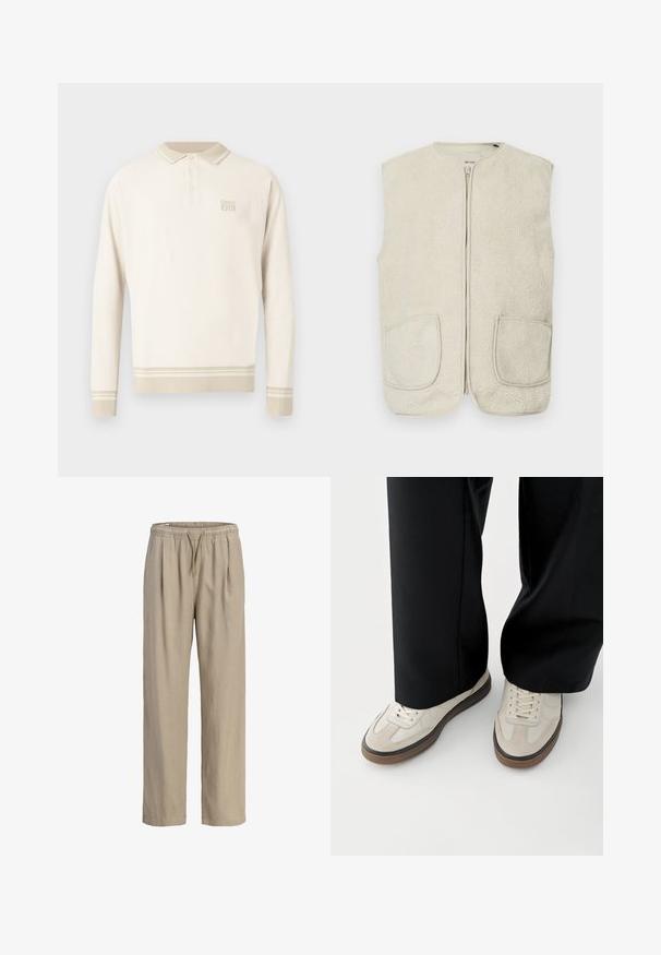 Fleece-Weste in cremefarben mit durchgehendem Reißverschluss, rundem Ausschnitt und zwei Vorderentaschen. Der Stoff hat eine weiche, strukturierte Oberfläche.; Beige langärmeliges Poloshirt aus strukturiertem Strick mit einem geknöpften Kragen sowie Streifen am Saum und an den Bündchen. Verfügt über dezente Markenkennzeichnung auf der Brust.; Beige locker sitzende Hose mit elastischem Bund und Kordelzug, geraden Beinen und seitlichen Taschen.; Füße mit beigen Sneakers mit braunen Sohlen und schwarzen Hosen mit weitem Bein auf weißem Hintergrund.