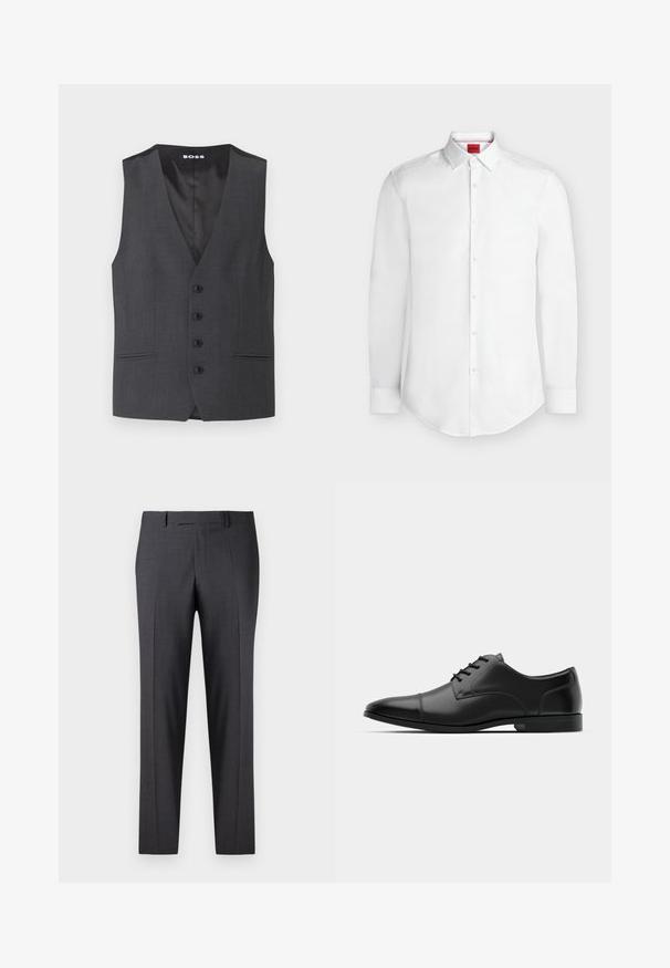 Gilet gris sur mesure avec un col en V, cinq boutons sur le devant, deux poches latérales et une doublure intérieure lisse.; Chemise blanche à manches longues avec boutons, col pointu et étiquette rouge de la marque Hugo à l'intérieur du col.; Pantalons gris foncé ajustés en tissu lisse et texturé ; dotés d'un devant plat et de jambes droites ; design minimaliste sans accents visibles.; Chaussure habillée en cuir noir avec un bout arrondi, texture lisse, six œillets et une semelle noire basse. Présente une couture discrète sur le bout.