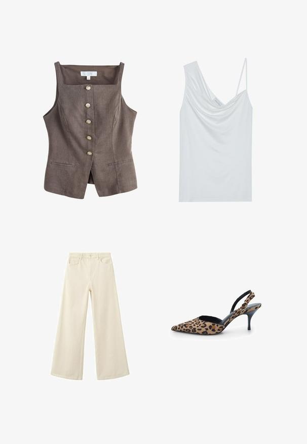 Gilet marron en lin sans manches avec un col carré, cinq boutons en forme de coquillage sur le devant, et deux poches fendues horizontales.; Débardeur blanc avec un col drapé, des bretelles fines et ajustables, et une texture lisse. Dispose d'une étiquette à l'intérieur indiquant "ANNA FIELD."; Jean beige à jambes larges avec bouton et fermeture éclair à l'avant, deux poches avant et passants pour ceinture, présenté sur un fond blanc.; Escarpin à talon haut à bout pointu, bride arrière, imprimé léopard et bride latérale réglable avec boucle sur fond blanc.