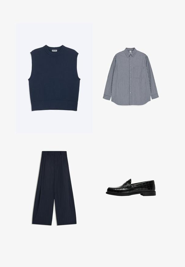 Marineblauwe mouwloze gebreide gilet met geribde ronde hals, armsgaten en zoom, met label "Weekday" aan de binnenkant van de kraag.; Overhemd met knopen, verticale marineblauwe en witte strepen, een kraag, lange mouwen en een borstzak. Gemaakt van een lichtgewicht stof.; Wijde marineblauwe broek met dunne witte krijtstrepen en een hoge taille, plat gelegd op een witte achtergrond.; Zwarte leren herensloffen met krokodillenstructuur en lage hak, zijaanzicht op een witte achtergrond.