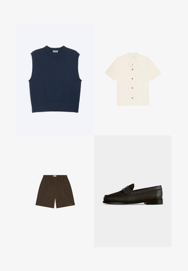 Veste en tricot sans manches bleu marine avec col rond côtelé, emmanchures et ourlet, étiquetée "Weekday" à l’intérieur du col.; Chemise à manches courtes en tissu beige clair avec une patte de boutonnage et un col pointu. Dotée de boutons marron et d'une coupe décontractée.; Shorts décontractés marron avec taille élastique, poches latérales et logo discret de la marque près de l'ourlet sur la jambe droite.; Mocassin penny en cuir noir avec petit talon, bout arrondi et détail de bride sur l’avant, vu de profil sur fond uni.