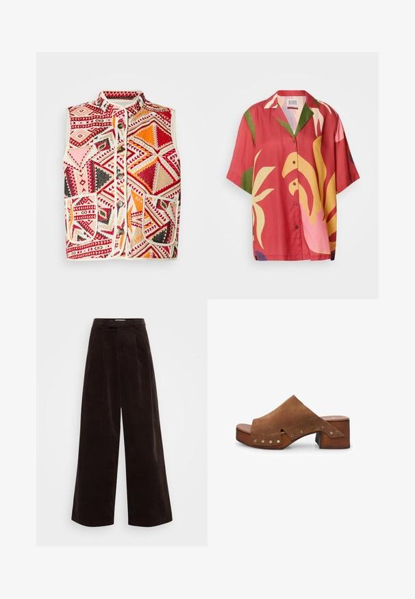 Mønstret vest med geometriske mønstre i rød, orange, lyserød og sort, med en beige trim og forlommer. Knaplukning.; Kortærmet, skjorte med knapper i en rustfarve med store, abstrakte blomsterprint i gult, grønt og pink. Glat stofstruktur.; ONLY Tall ONLSVEA NESSA CORD WIDE - Bukser - seal brown; Brune ruskind hæl-sandal med en bred strop og udskæringsdetalje, prydet med messing-nagle accenter og en træblokhæl.