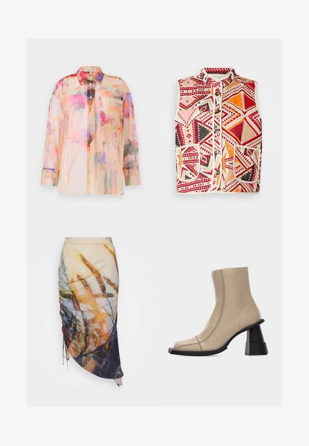 Gilet multicolore avec des motifs géométriques en rouge, orange, rose et noir, avec une bordure beige et des poches avant. Fermeture à boutons.; Blouse transparente à manches longues dans des couleurs pastel avec un motif floral aquarelle, dotée d'un col, de boutons sur le devant et d'une poche sur la poitrine.; Materiel DIAGONAL GATHERED SKIRT - Jupe crayon - golden hour; Bottine beige en cuir avec bout carré, couture visible, et talon bloc noir sculpté et épais sur fond blanc.