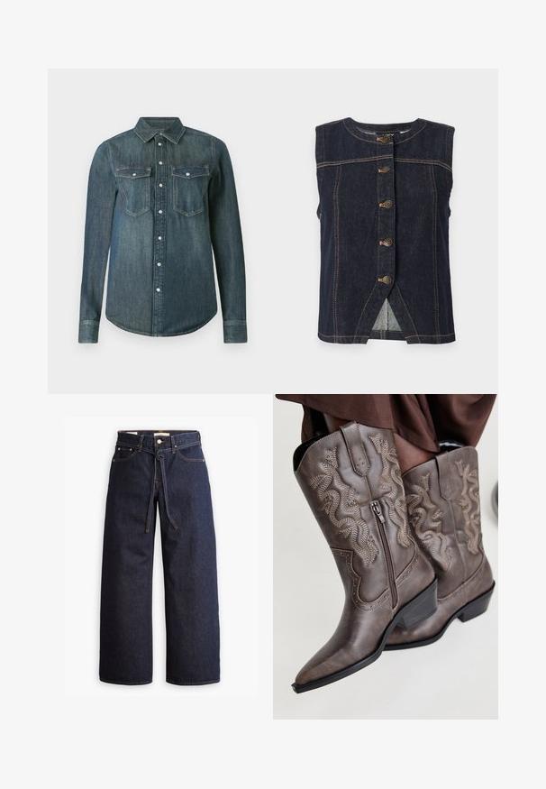 Ærmeløs mørkeblå denimvest med fem metal knapper ned langs midten og beige kontrastsyning overalt.; Langærmet mørkeblå denimskjorte med knaplukning foran og to brystlommer med klap og knapper.; Bredde ben mørkeblå denim jeans med høj talje, der har snoretræk, fem lommer og kontrastsyet detaljer.; Brune læder cowboystøvler med spids tå, sidelukning og struktureret slange-design i beige, med dekorative nitter langs kanterne.