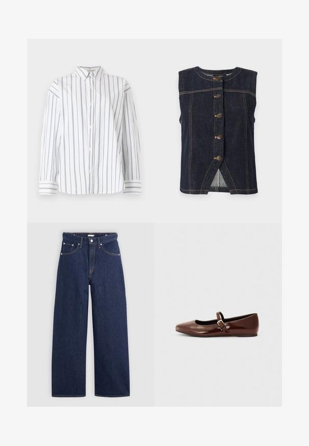 Veste sans manches en denim bleu foncé avec cinq boutons métalliques au centre et coutures contrastées beiges sur toute la surface.; Chemise en coton blanc à boutons avec des rayures verticales bleu marine, un col classique et des manches longues avec des poignets à rayures. Texture douce.; Jeans en denim bleu foncé à jambes larges avec une taille haute, dotés de cinq poches, passants de ceinture et détails de couture en cuivre. Texture lisse.; Ballerine en cuir verni marron avec un bout carré et une lanière ornée d'une petite boucle dorée. Texture lisse, talon bas et design minimaliste.