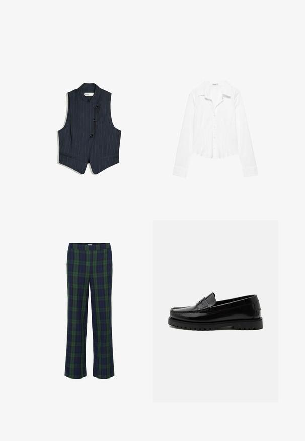 Veste sans manches bleu marine foncé à fines rayures verticales, fermeture asymétrique à boutons et deux poches passepoilées à l'avant.; Chemise blanche à manches longues avec col, taille légèrement cintrée et poignets boutonnés, présentée sur fond blanc.; Pantalons à carreaux verts et bleu marine avec une coupe droite et une taille élastique. Le tissu a une texture douce, avec un motif à carreaux classique.; Mocassin en cuir noir brillant avec semelle épaisse à crampons et bride penny, présenté de profil sur un fond clair uni.
