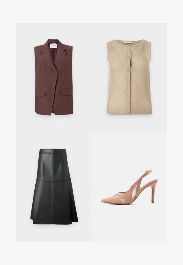 Bruine mouwloze blazer met een notch-kraag, enkele knoopsluiting en twee voorzakken. Gladde textuur met een subtiele glans.; Beige mouwloze cardigan gemaakt van zacht breimateriaal, met een ronde halslijn en een voorste knoopsluiting met zilverkleurige knopen.; Zwarte leren A-lijn rok, met een gladde textuur, tot halverwege de kuit, met horizontale stikdetails in de taille en naden voor extra structuur.; Roze suède slingback pumps met spitse neus, hoge hak, mesh zijpanelen en verstelbare buckle-strap.