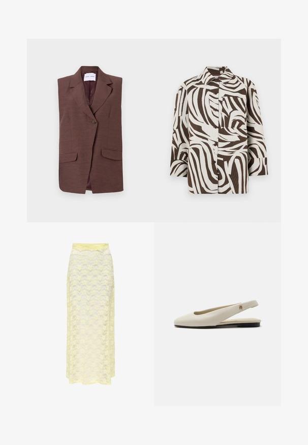 Blazer sin mangas marrón con solapa de pico, cierre de un botón y dos bolsillos frontales. Textura suave con un sutil brillo.; Camisa de botonada marrón y blanca con un patrón ondulado. Confeccionada con material texturizado, cuenta con un collar y un bolsillo en el pecho.; Falda maxi amarilla de encaje con un patrón ondulado, que cuenta con una cinturilla lisa y una textura suave y translúcida. Diseñada para una silueta ligera y fluida.; Zapato plano slingback de cuero color crema con puntera redondeada y pequeño emblema dorado en la correa.