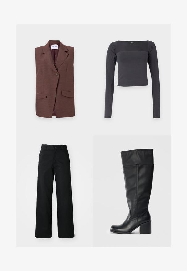 Brun ærmeløs blazer med en gennemsnitlig krave, enkelt knaplukning og to forlommer. Glat tekstur med en subtil glans.; Langærmet, cropped top i mørkegrå stof med en glat tekstur. Har en firkantet halsudskæring og tætsiddende design.; Sorte vide bukser med flad front, knaplukning og bæltestropper. Fremstillet af holdbart stof med en glat tekstur.; Knæhøje sorte læderstøvler med blokhæle, glat tekstur og syninger langs siderne. Enkel og moderne design.