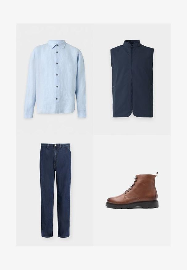 Veste sans manches bleu marine en tissu léger, dotée d'un col montant, d'une fermeture éclair avant et de poches latérales avec fermetures à pression.; Chemise bleu clair à manches longues avec col classique et boutons foncés au devant sur fond blanc.; Jean droit en denim bleu foncé avec passants de ceinture, bouton devant et fermeture éclair, présenté sur un fond uni clair.; Bottes brunes en cuir montant jusqu'à la cheville avec un bout rond, un laçage à l'avant et une semelle en caoutchouc noir. Équipées d'une boucle à l'arrière pour un enfilage plus facile.