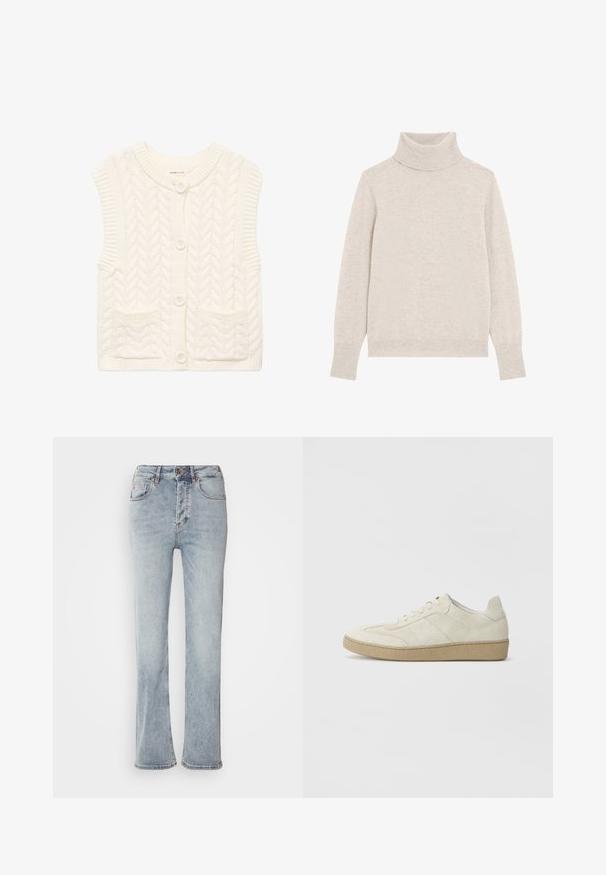 Cremefarbener ärmelloser Cardigan mit Rundhalsausschnitt, Knopfleiste vorne und zwei kleinen Vordertaschen.; Cremfarbener Turtleneck-Pullover aus weichem, strukturiertem Stoff. Verfügt über lange Ärmel sowie gerippte Kragen und Bündchen. Einfaches, klassisches Design.; Helle blaue Denim-Jeans mit hoher Taille, geradem Bein-Design und leichtem Schlag am Saum. Mit gestickten Akzenten und einem Reißverschluss.; Beige Wildledersneaker mit strukturiertem Design, flacher Gummisohle und ausgeprägter Seitennaht. Runde Zehenform und gepolsterter Kragen.