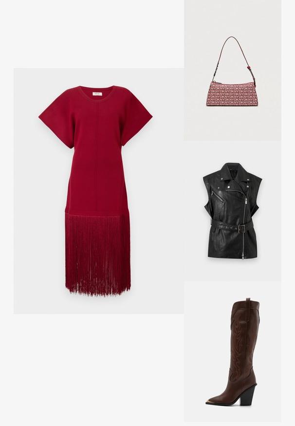 Schwarze ärmellose Leder-Bikerweste mit asymmetrischem Frontreißverschluss, tailliertem Gürtel, Reißverschlusstasche auf der Brust und Druckknopfkragen.; Rotes Strickkleid mit kurzen Ärmeln und lockerer Passform, das einen langen Fransenbesatz am Saum aufweist. Glatte Textur und einfarbig.; RAID RIMSKY - High Heel Stiefel - brown; DKNY-Handtasche in Rot mit wiederholtem Logo-Muster. Verfügt über einen Reißverschluss und einen Schulterriemen mit strukturiertem Akzent. Rechteckige Form.