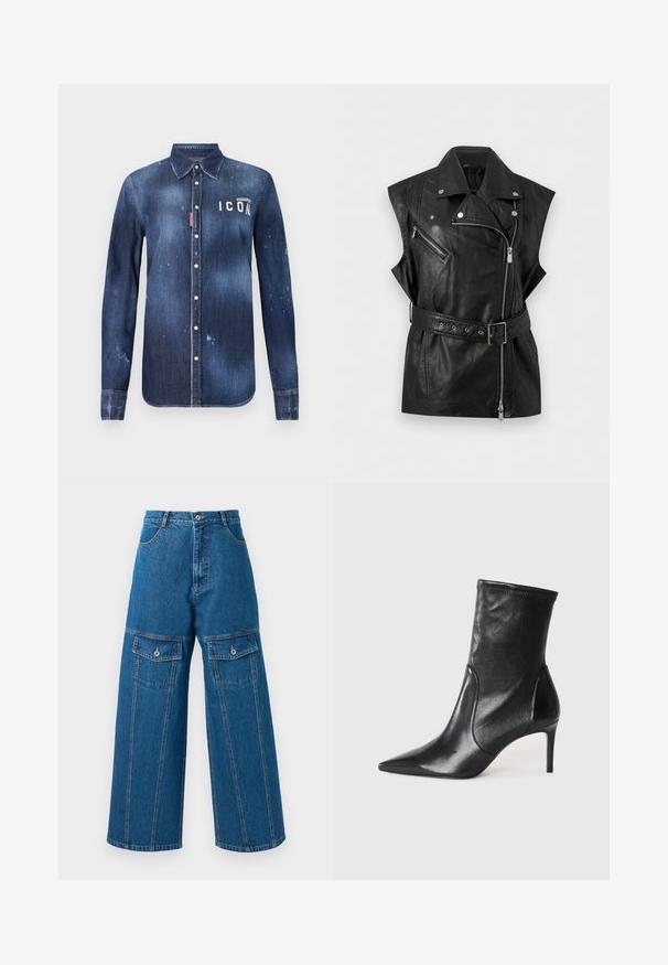Zwarte mouwloze leren bikerbodywarmer met asymmetrische rits aan de voorkant, ceintuur in de taille, ritszak op de borst en kleppen met drukkers.; Donkerblauwe denim shirt met een knoopsluiting, bewaard rafeling, versleten accenten en witte "ICON" tekst op de borst.; Lichte blauwe denim broek met wijd uitlopende pijpen, hoge taille, zichtbare stiksels en twee met knopen sluitende flapzakken aan elke kant.; Zwarte enkelboots van soepel leer, met een spitse neus, een aangesloten schacht en een slanke hoge hak. Minimalistisch ontwerp zonder zichtbare hardware.