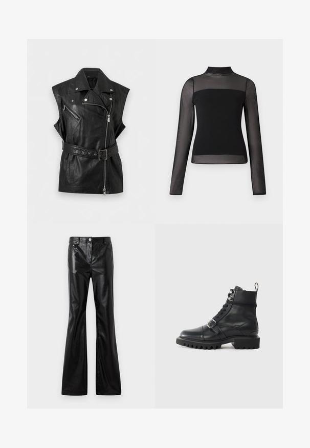 Veste de motard en cuir noir sans manches avec fermeture éclair avant asymétrique, taille ceinturée, poche poitrine zippée et revers à boutons-pression.; Haut noir à manches longues avec un col montant, un corps opaque et des manches transparentes, au design ajusté. Texture lisse, style minimaliste.; Rabanne Jean large - black; Botte en cuir noir à cheville avec un bout rond, fermeture à lacets à l'avant, détail de boucle et semelle épaisse et robuste. Présente des accents en métal argenté.