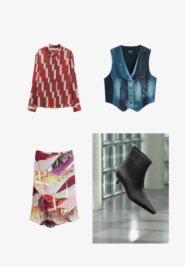 Jeans-Patchwork-Weste mit V-Ausschnitt, gemischten hellen und dunklen blauen Paneelen, mehreren dekorativen Knöpfen, gesteppten Details, Taschen und einem Reißverschluss an der Seite.; Rote und cremefarbene Bluse mit langen Ärmeln, geometrischem Muster, Knopfleiste und Kragen. Glattes Material mit glänzender Textur.; Midi-Rock mit abstraktem mehrfarbigem Print in Rot, Pink, Lila, Gelb und Weiß, mit geschichtetem Stoff und subtiler A-Linien-Silhouette.; Schwarzer Leder-Knöchelstiefel mit spitzer Spitze und kleinem Absatz vor einer Wand aus Glasbausteinen und einem polierten Boden.
