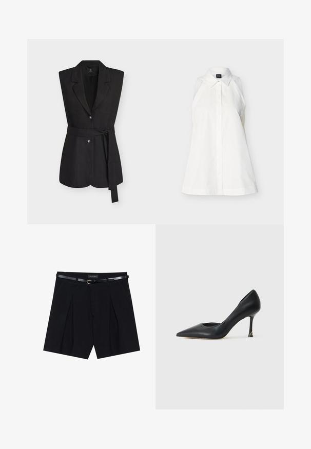 Zwart mouwloos colbert met ingezette revers, twee knopen aan de voorkant en een gebonden stoffen riem in de taille, getoond op een effen achtergrond.; Mouwloze witte blouse met kraag, verborgen knopen aan de voorkant, getailleerde pasvorm en merkembleem aan de binnenkant van de kraag.; Zwarte op maat gemaakte shorts met plooien, voorzien van een slanke zwarte riem met een gouden gesp. Gemaakt van een soepele stof, die een verfijnde uitstraling biedt.; Zwarte leren pumps met een spitse neus en een strak ontwerp, voorzien van een slanke hak en een gouden accent op de basis van de hak. Gladde textuur.