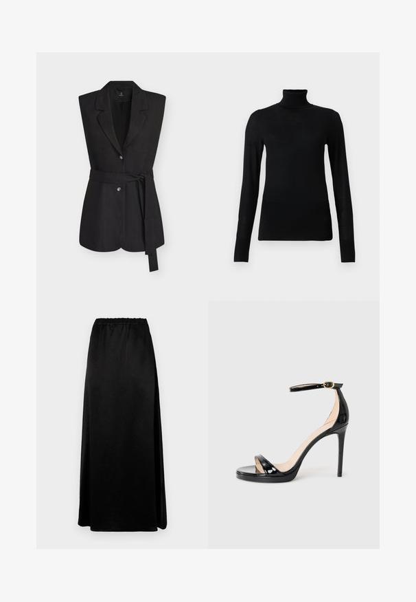 Blazer noir sans manches avec revers crantés, deux boutons à l'avant et une ceinture en tissu nouée à la taille, présenté sur un fond uni.; Pull à col roulé noir en matériau doux et léger. Il a des manches longues et une coupe ajustée avec un col haut.; Jupe longue noire avec une texture lisse et froissée, dotée d'une taille élastique. Présente une fente sur le côté pour plus de liberté de mouvement et une silhouette élégante.; Sandale à talon haut en cuir verni noir avec une bride de cheville et une boucle dorée, bout ouvert et talon stilettos fin, sur un fond uni.