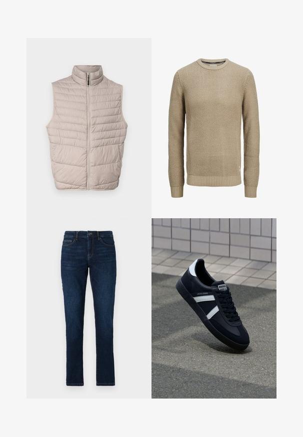 Beige gesteppte ärmellose Weste mit hohem Kragen und durchgehendem Reißverschluss. Verfügt über horizontale Nähte und eine glatte Stoffoberfläche.; Beiger langärmeliger Strickpullover mit strukturiertem Waffelmuster, rundem Ausschnitt sowie gerippten Bündchen und Saum.; Dunkelblaue Jeans im Slim-Fit-Stil mit dem klassischen Fünf-Taschen-Design sowie einer Knopf- und Reißverschlussbefestigung. Glatte Textur mit minimalem Verblassen.; Schwarze Leder-Sneaker mit weißen Streifen, strukturiertem Gummisohle und Schnürung. Verfügt über ein Markenetikett auf der Zunge.